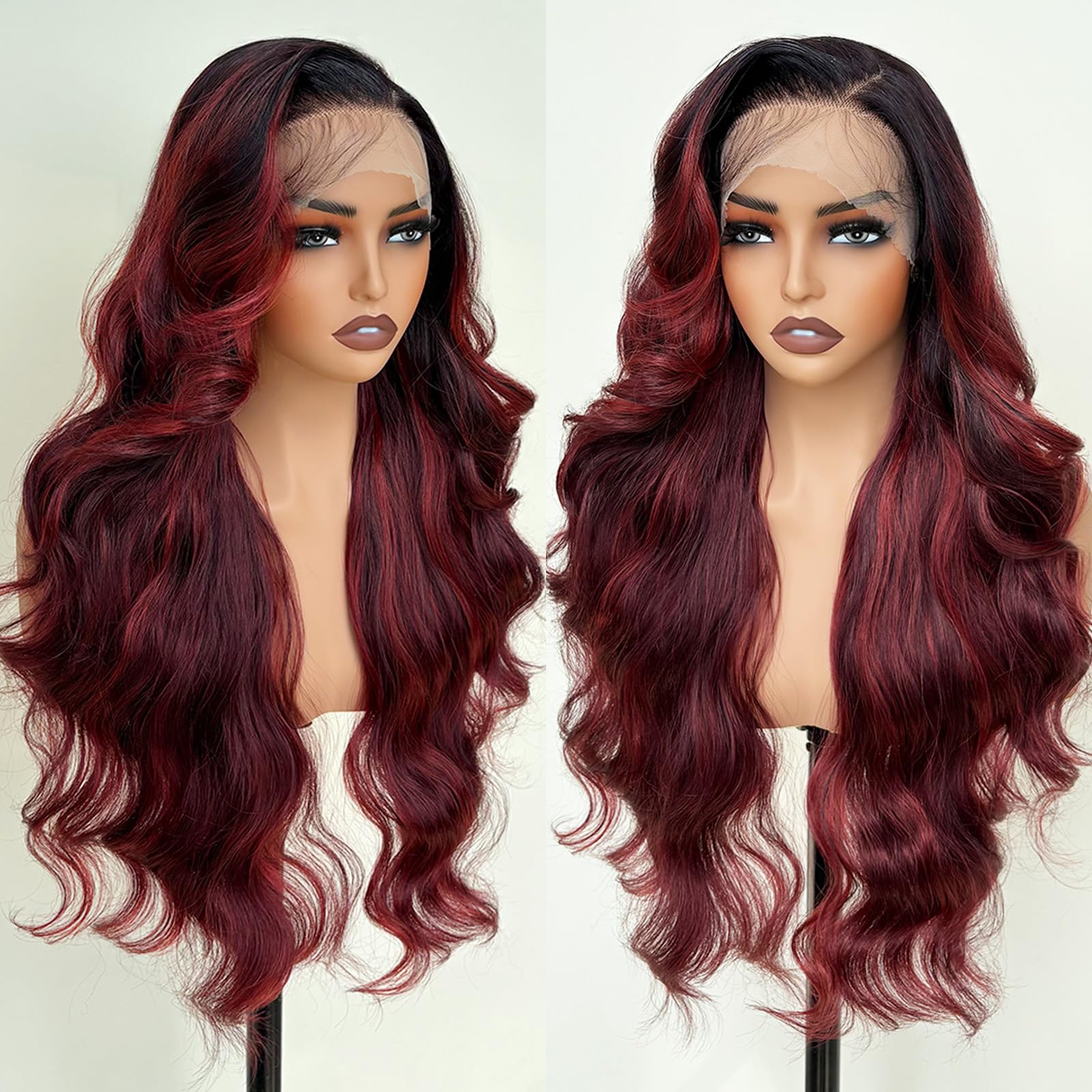 Photo 1 of UGORGEOUS Burgundy Ombre 26 Inch HD Lace Front Wigs for White Women Black Women - Pre Plucked Body Wave Synthetic Wig with Tiny Knots 13×6 Pre Layered Natural Hairline Glueless Wigs Wear and Go