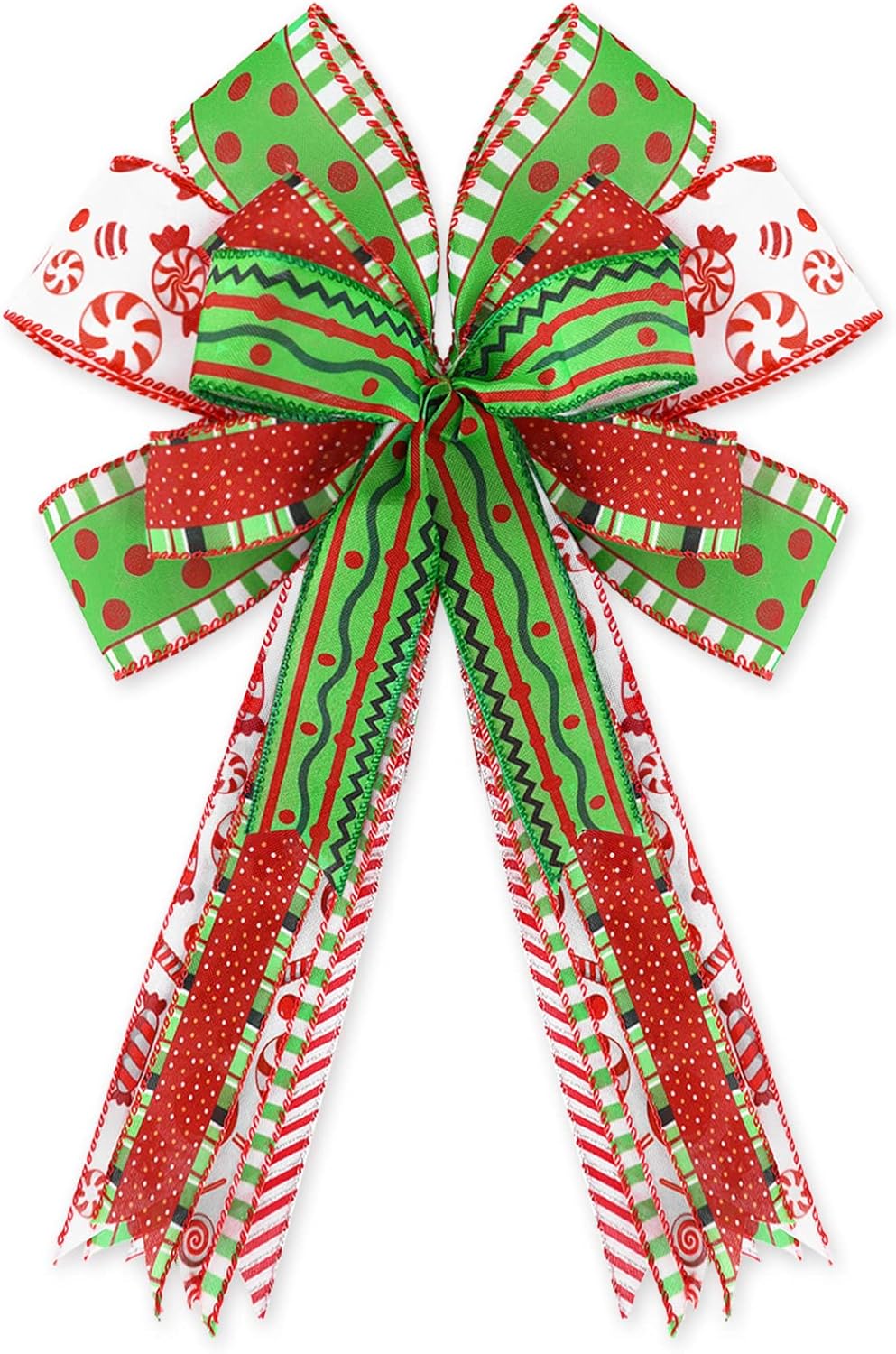 Bows & Ribbons - Whaline Christmas Wreath Bow Cute Red Green Dot Candy Christmas Burlap Bow Xmas Tree Topper Ornaments Gift Bow for Christmas Party Supplies Indoor Outdoor Home Decoration, 11 x 16.5inch