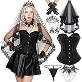 Jamntower 7 Pcs Halloween Gothic Costume Accessories for Women, Black Corset Veil Choker Crown Jewelry Set for Bride Cosplay