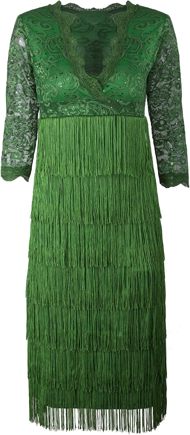 VIJIV Women's Lace Sequin Fringe Flapper Cocktail Prom Formal Eve Party Dress