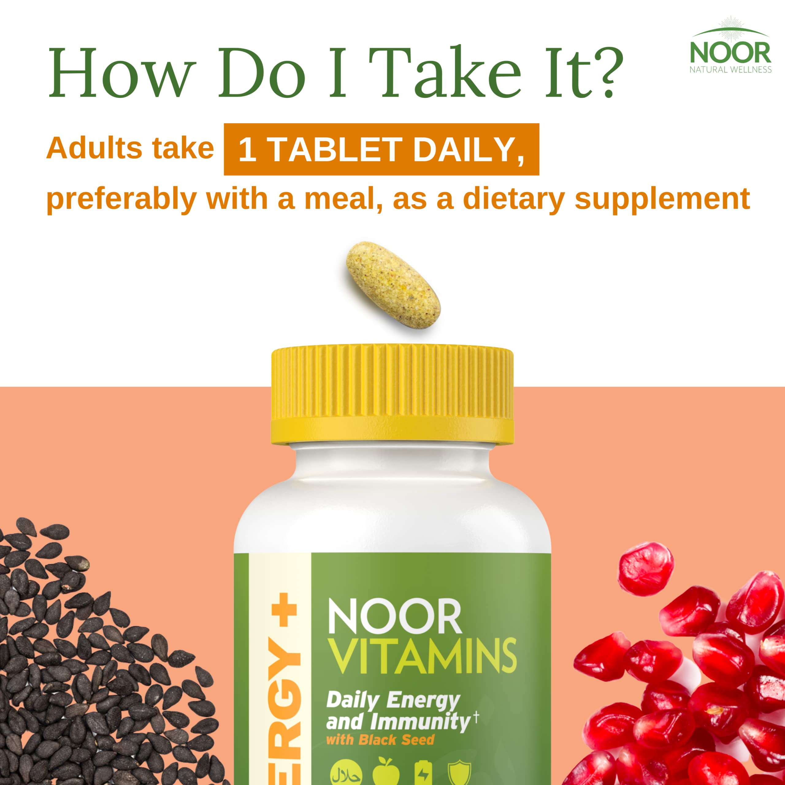 Noor Vitamins Energy+ Multivitamin; Halal Vitamin for Energy Production & Immunity, 26 Vitamins & Minerals, Black Seed, Dates, Honey, for Men & Women. Gelatin Free, 2 Month Supply