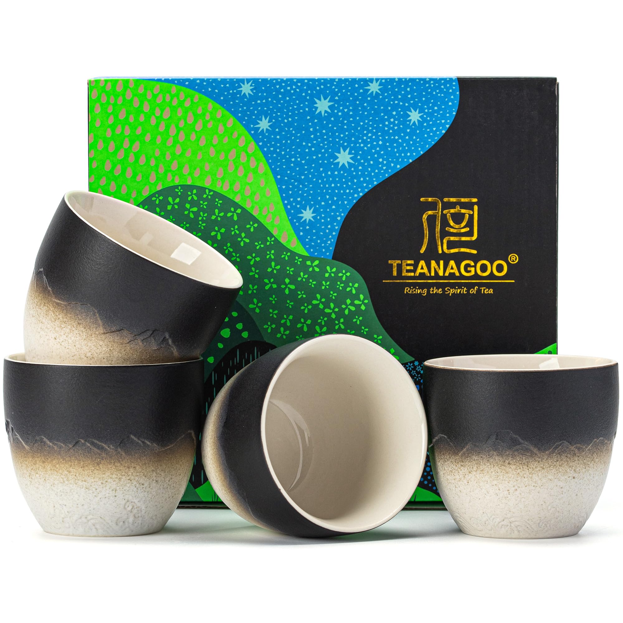TEANAGOO Ceramic Japanese Tea Cup, 4 Pcs/box, Occupied Japan Cups, Chinese Cup, Asian Cups no Handles,5.6 oz/ 160ml,Gradient Navy Black