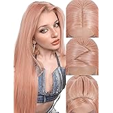 FAVE 26” Long Straight Pink Wig 13x4 HD Transparent Lace Front Wig Synthetic Glueless Wigs for Women Pink Lace Front Wigs for Women Suit for Daily/Party Use (Ash Pink)