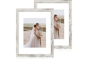 Hongkee 11x14 Picture Frame Set of 2, Made of Glass and Distressed White Wooden Frame, Display 8x10 Pictures with Mat or 11 x 14 Posters without Mat for Wall Mounting, Gallery Photo Frames