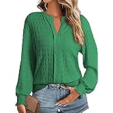 Dokotoo Long Sleeve Shirts for Women Casual Fall V Neck Tops Loose Solid Color Textured Tees Blouses