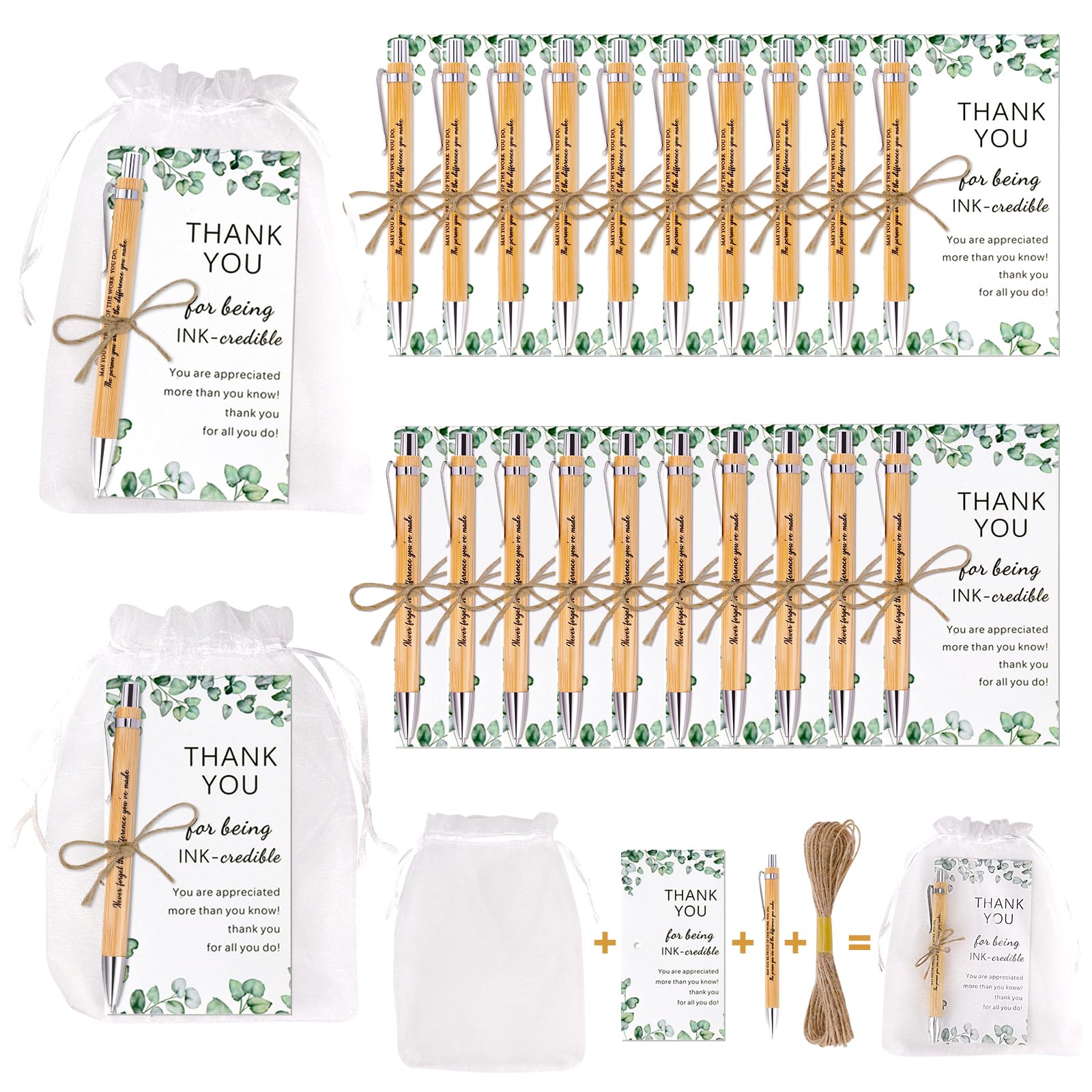 20 Sets Thank you Gift Motivational Pens Employee Appreciation Gifts Inspirational Personalised Bamboo Ballpoint Pens with Thank You Cards Organza Bag for Colleagues Teacher Volunteer Bulk Gift (20-1)