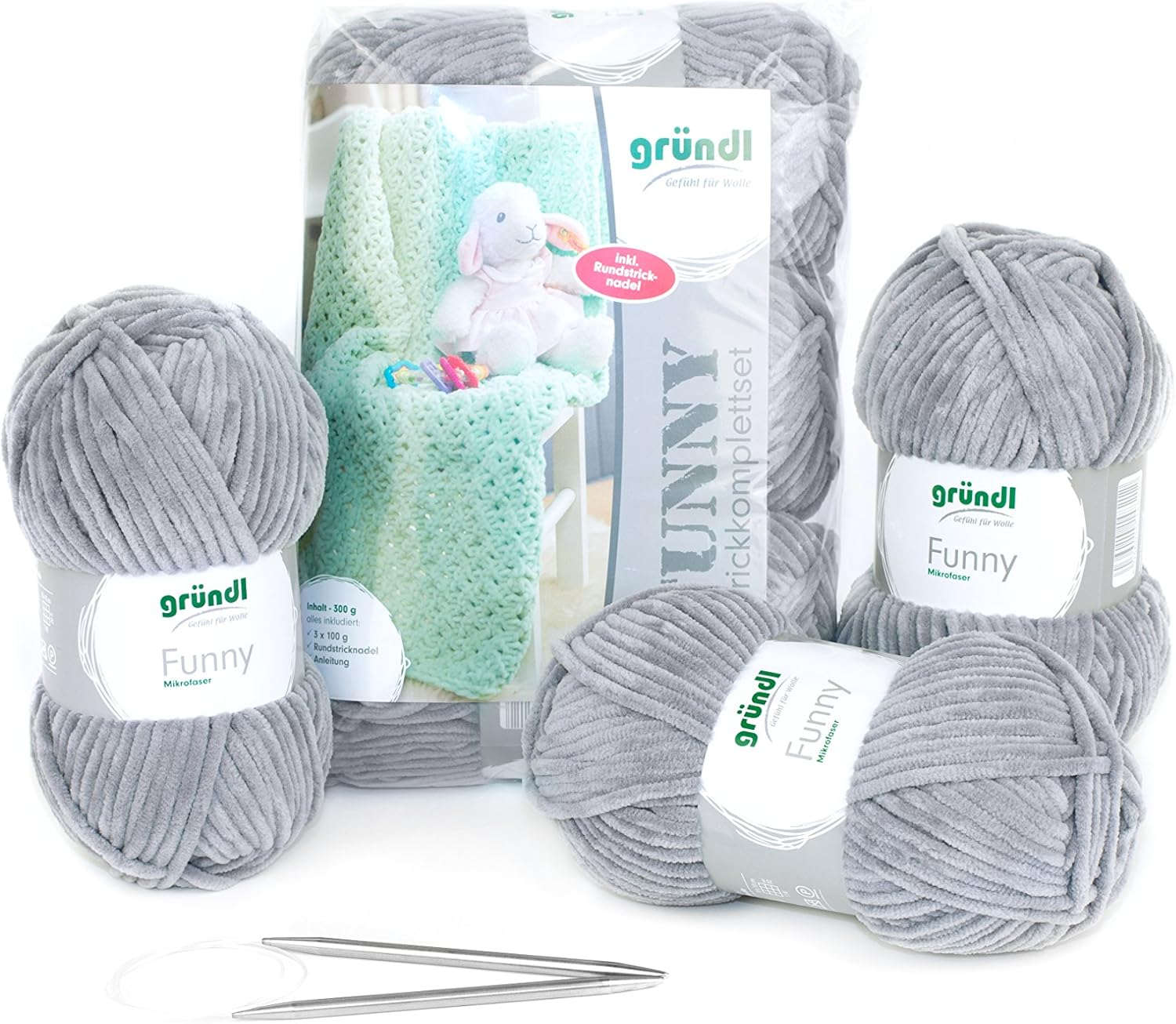 Gründl Strickkomplettset Funny Wolle, Polyester, hellgrau, 29 x 19 x 8 cm
