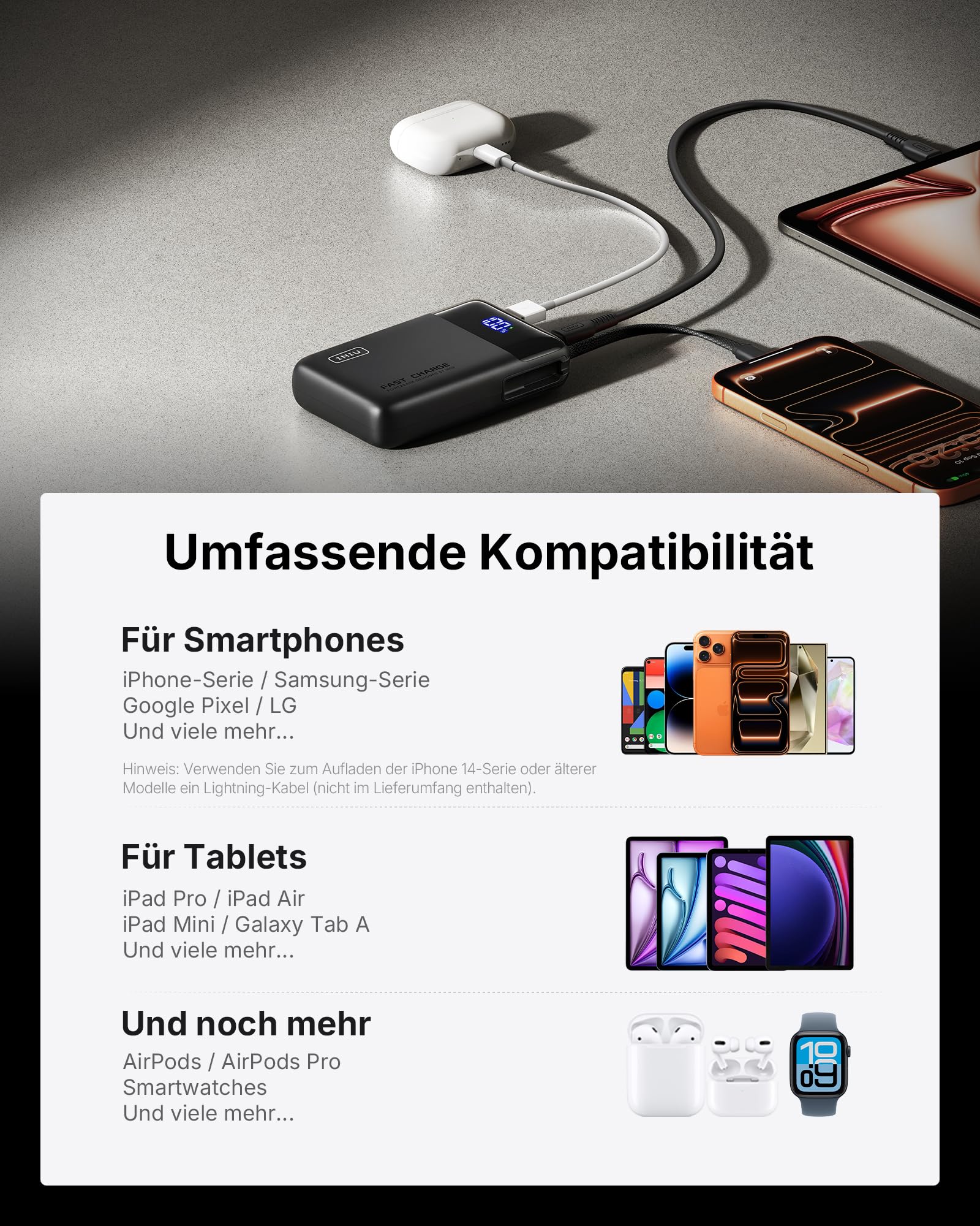 INIU 45W Power Bank, Ultra Klein 20000mAh Powerbank mit Integriertem USB C Kabel, Schnellladen Externe Handyakkus, Flugzeug Geeignet, Reise-Essential für iPhone 17 16 15, Samsung S22, Xiaomi, iPad etc 6
