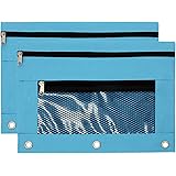 Pencil Pouch 3 Ring Zipper Pencil Pouch with Double Pocket and Mesh Window (Blue,2 Packs)