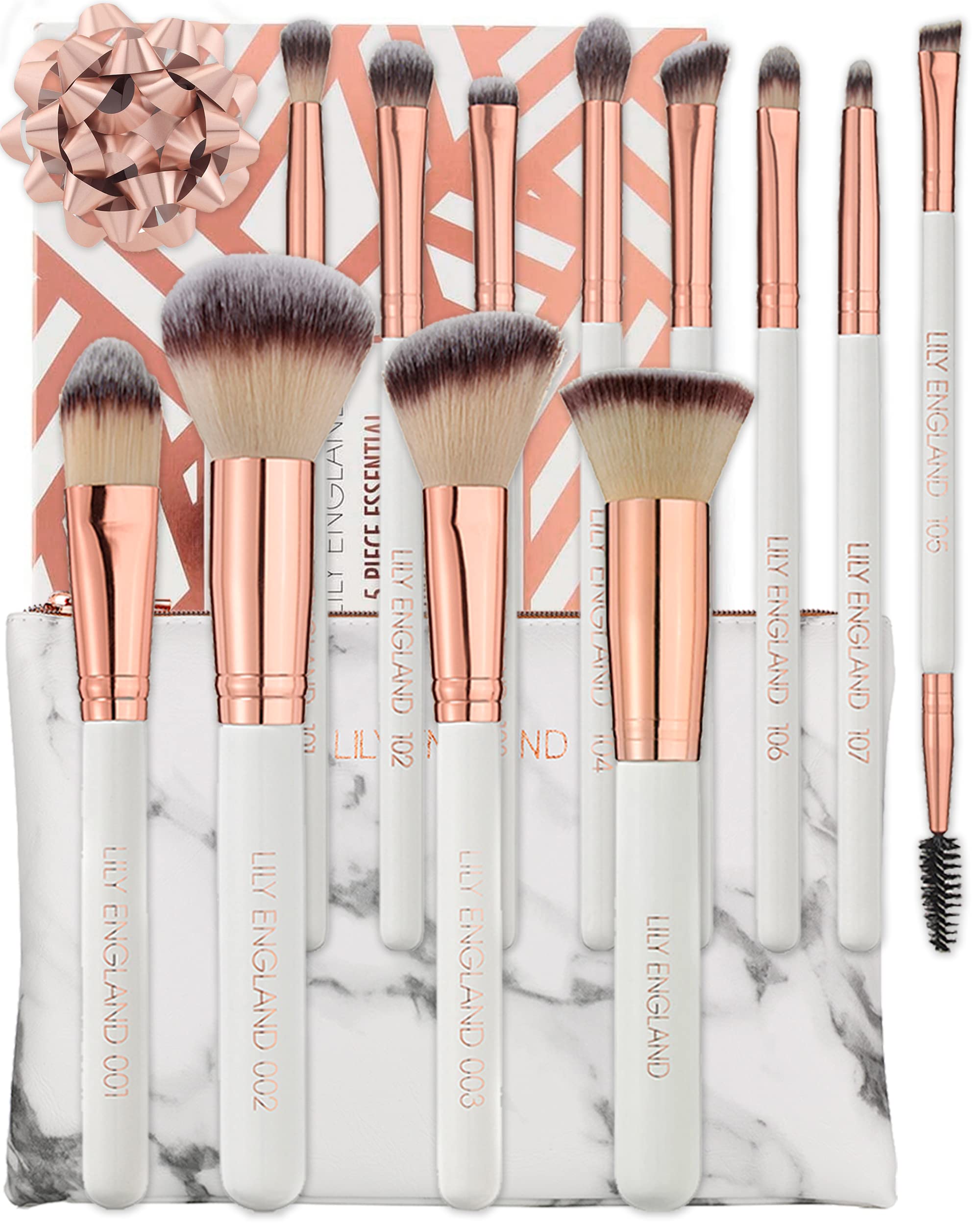 Pro Makeup Brush Set with Case - 12 Rose Gold Vegan Makeup Brushes for Face, Eye & Foundation with Marble Make Up Bag, Lily England