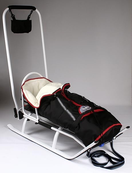 3in1 Kinder Schlitten mit Rückenlehne, Fusssack, Schiebegriff und Gurt aus Aluminium
