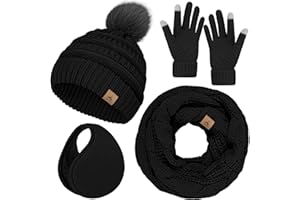 LOROME Winter Hat Scarf Gloves and Ear Warmer, Warm Knit Beanie Hat Touch Screen Gloves Set Winter Gifts Neck Scarves for Women