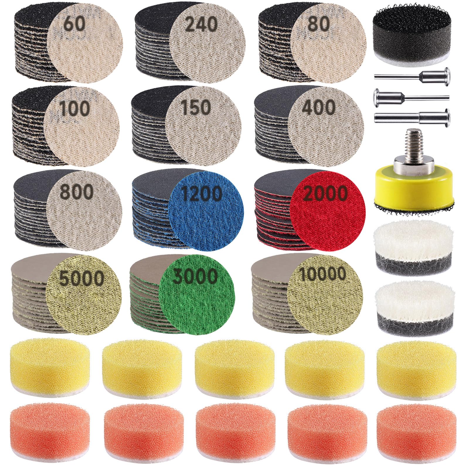 317 PCS 1 Inch Sanding Discs, GOH DODD Hook and Loop 60 to 10000 Grit Wet Dry Sandpaper Micro Sand Paper with 1/8" 1/4" Shank, Backing Pad, Polishing Pads, Foam Pads for Auto Metal Glass Resin Wood