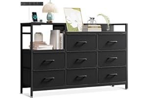 ODK Dresser with Charging Station, 52-Inch Long Dresser for Bedroom with 8 Storage Drawers, Fabric Dressers Chests of Drawers with Sturdy Steel Frame and Wooden Top, Black