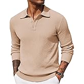 COOFANDY Mens Knit Polo Shirts Long Sleeve Casual Polo Sweaters Shirt Waffle Textured Collared Sweater
