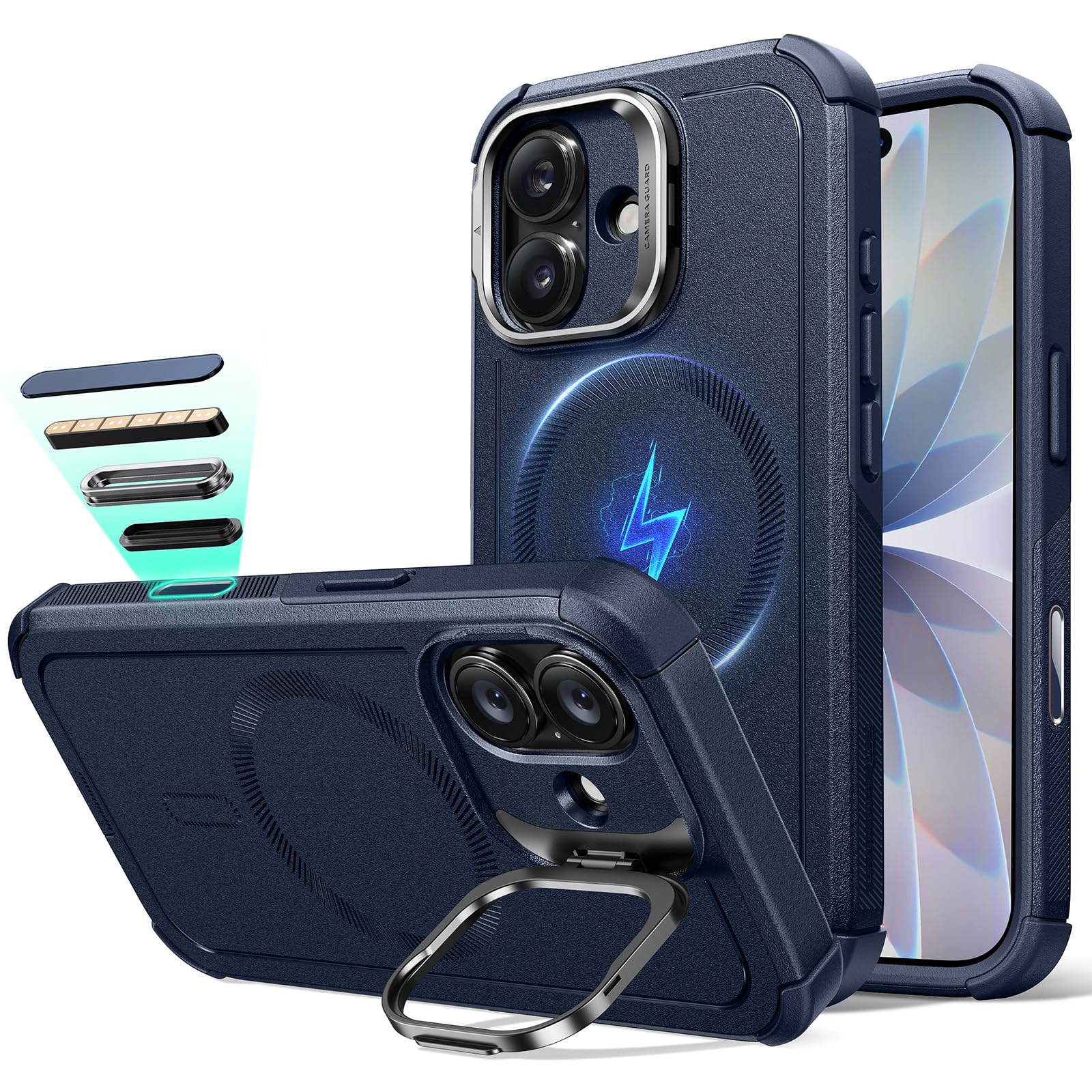 Photo 1 of ESR for iPhone 17 Case with Stash Stand, 7X Military-Grade Drop Protection with Camera Control, Shock-Absorbing Phone Rugged Cover, Compatible with MagSafe Accessories, Cyber Series, Blue