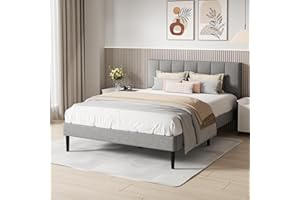 UNIZONE Queen Bed Frame with Button Tufted Headboard, Fabric Upholstered Platform Bed Frame, Mattress Foundation with Wooden Slat Support, Noise Free, No Box Spring Needed, Easy Assembly, Light Gray
