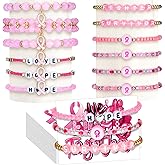 Huquary 36 Pcs Breast Cancer Awareness Beaded Bracelets Set 12 Pink Ribbon Bracelets Gift Bulk with Pin, 12 Card, 12 Mesh Bags for Women Sister Charity Fundraiser Campaign Inspirational Support Gifts