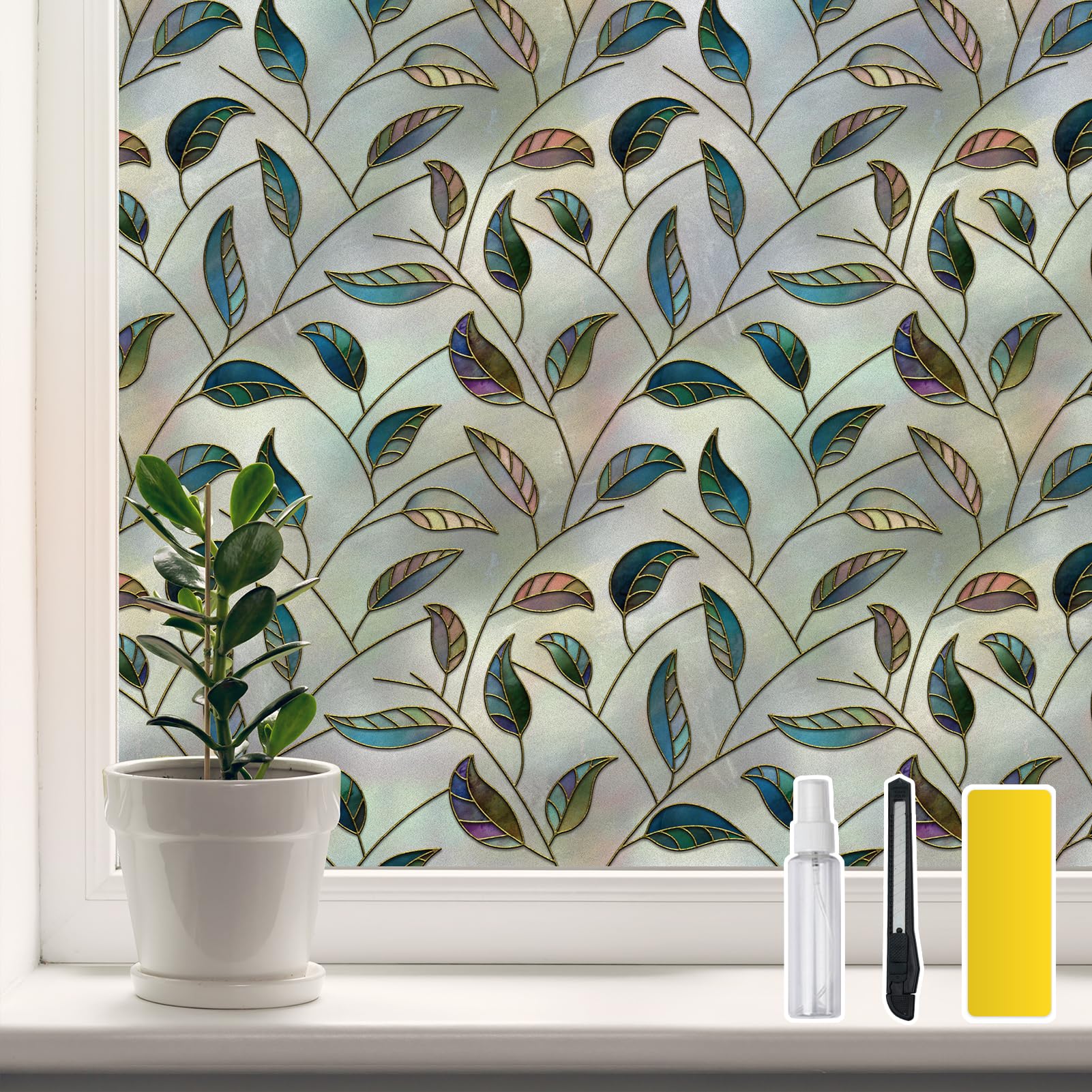 DKTIE Static Cling Decorative Window Film Vinyl Non Adhesive Privacy Film with Installation Kit, Multilayer UV Inkjet Technology, Thickened Stained Film, Vintage Leaf Pattern (S166, 17.7'' x 78.7'')