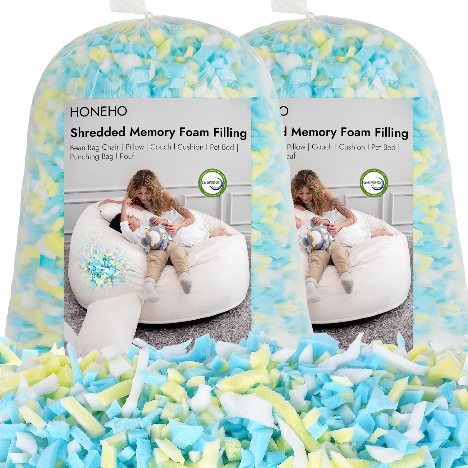 Photo 1 of HONEHO 10lbs Shredded Memory Foam Bean Bag Filler, Soft and Convenient Bean Bag Filling Pillow Stuffing for Beanbag, Couch, Cushion, Stuffed Animals, Dog Bed, Arts Crafts