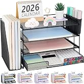 OPNICE Desk Organizer, 4-Tier Desktop File Organizer with Drawer and Pen Holders, Office Desk Accessories, File Sorters, Workspace Organizers for Office Supplies(Black)
