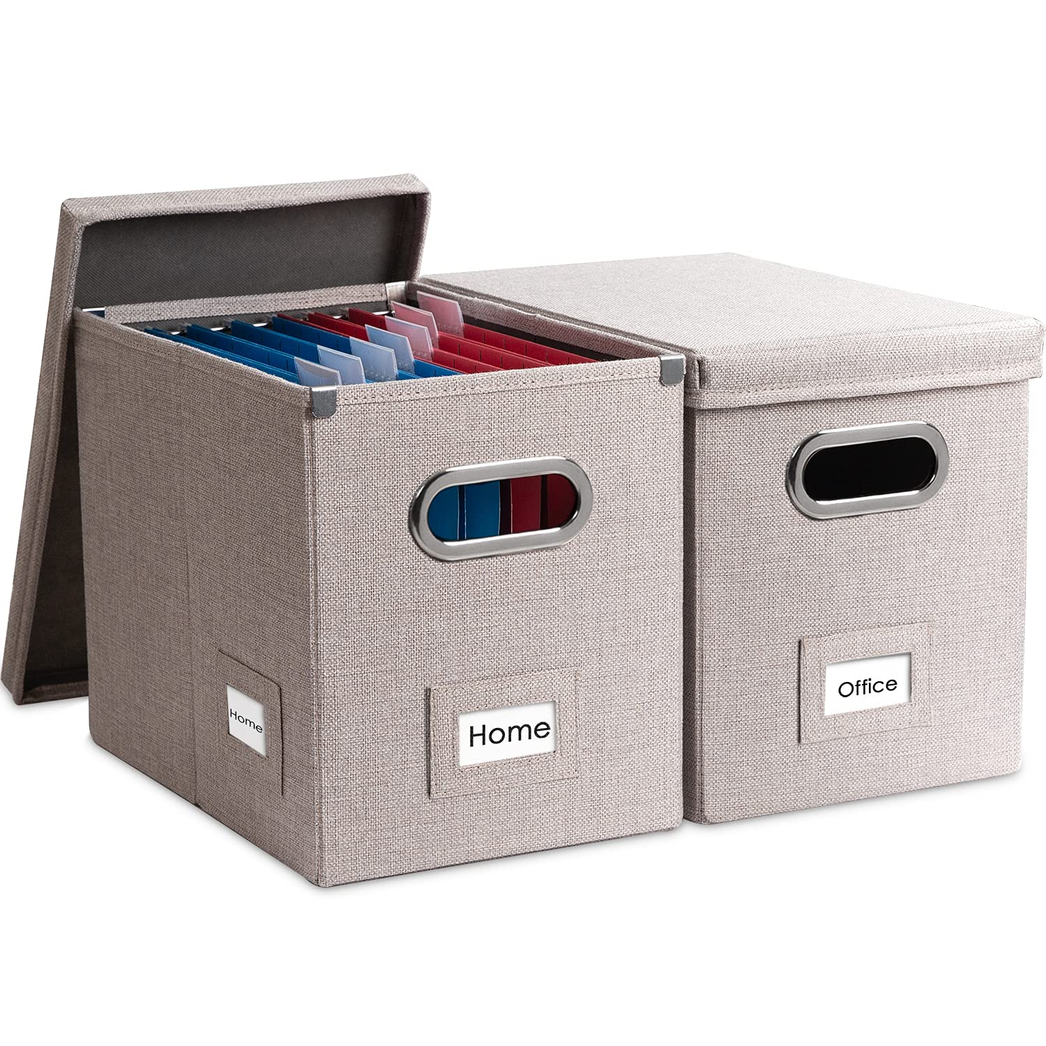Photo 1 of PRANDOM File Organizer Box - Set of 2 Collapsible Decorative Linen Filing Storage Hanging File Folders with Lids Office Cabinet Letter Size Light Grey (14x9.3x10.8 inch)