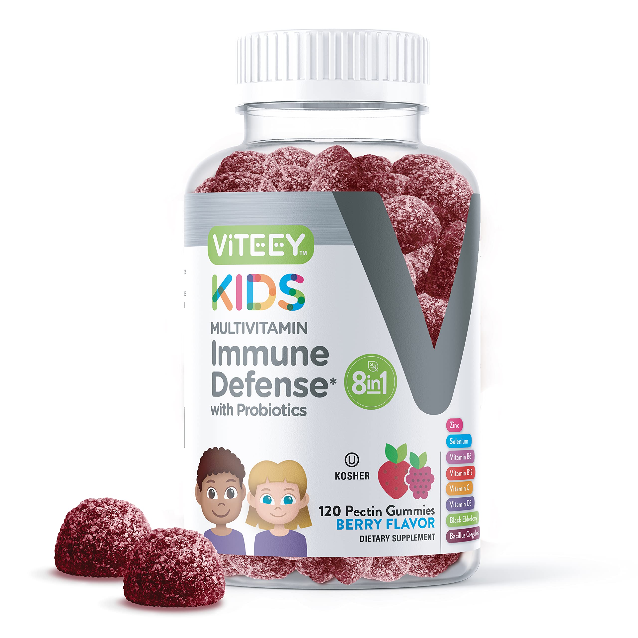 Viteey Kids Multivitamin Gummies with Probiotics - 8-1 Kids Vitamins for Immune Health Support with Vitamin C, D3, B12, B6, Zinc, Elderberry, Selenium - Vegetarian - Chewable Tasty Berry Flavored