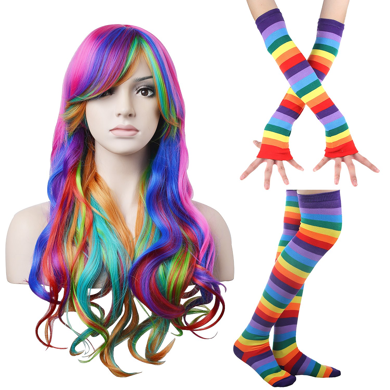 27.5" Long Wavy Rainbow Wig for Women Harajuku Costume Color Halloween