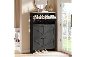 Nicetree Shaker Barn Door Shoe Cabinet - 3 Flip Drawers & 3-Tier Adjustable Shelves, Ultra Slim Freestanding, Modern Rustic Brushed Black Farmhouse Shoe Rack for Entryway, Hallway, Foyer & Mudroom