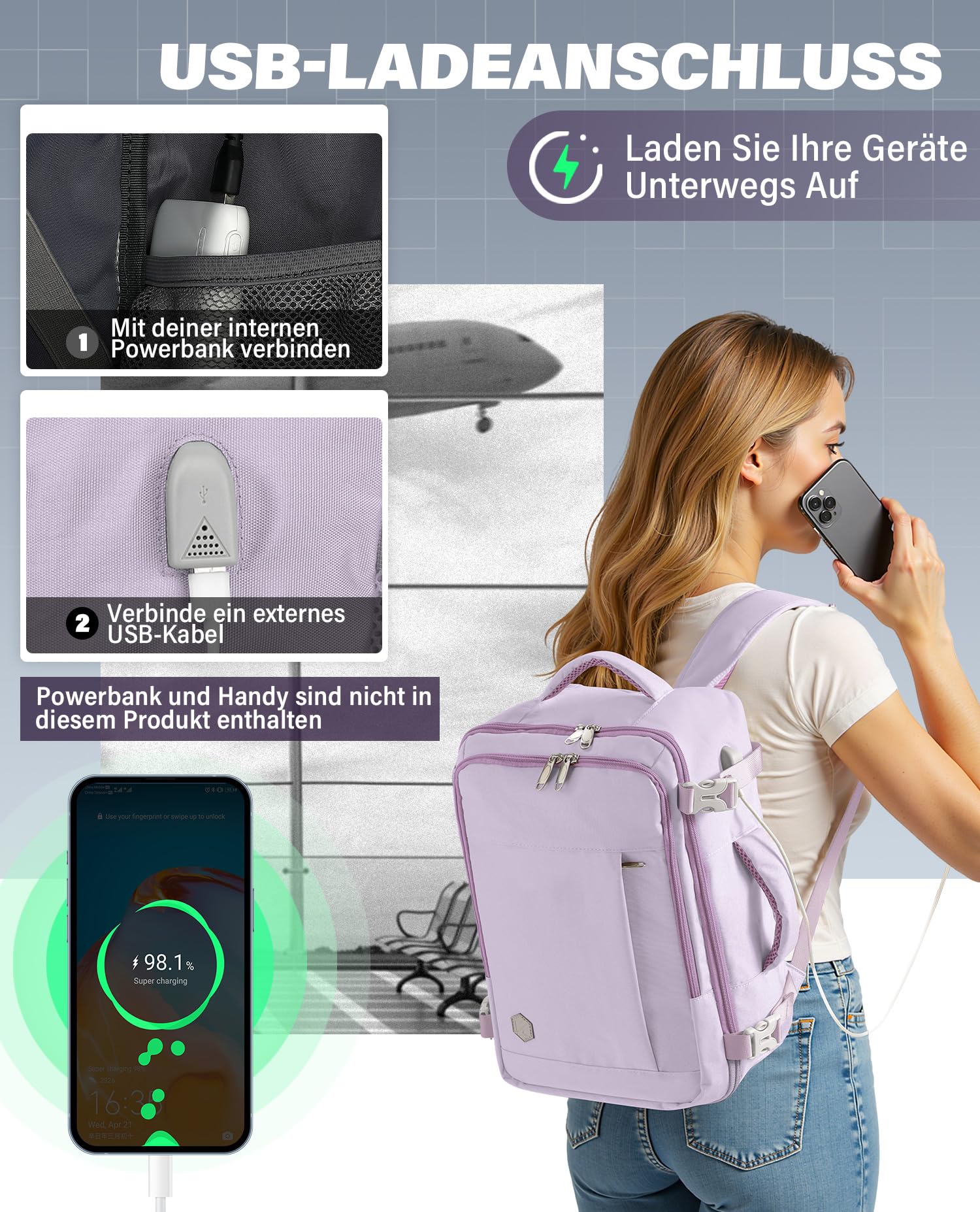 VANKEV für Easyjet Handgepäck 45x36x20 Laptop Rucksack Reiserucksack Handgepäck Tasche Rucksack 15.6 Zoll Laptop Backpack für Herren Damen Helllila 7