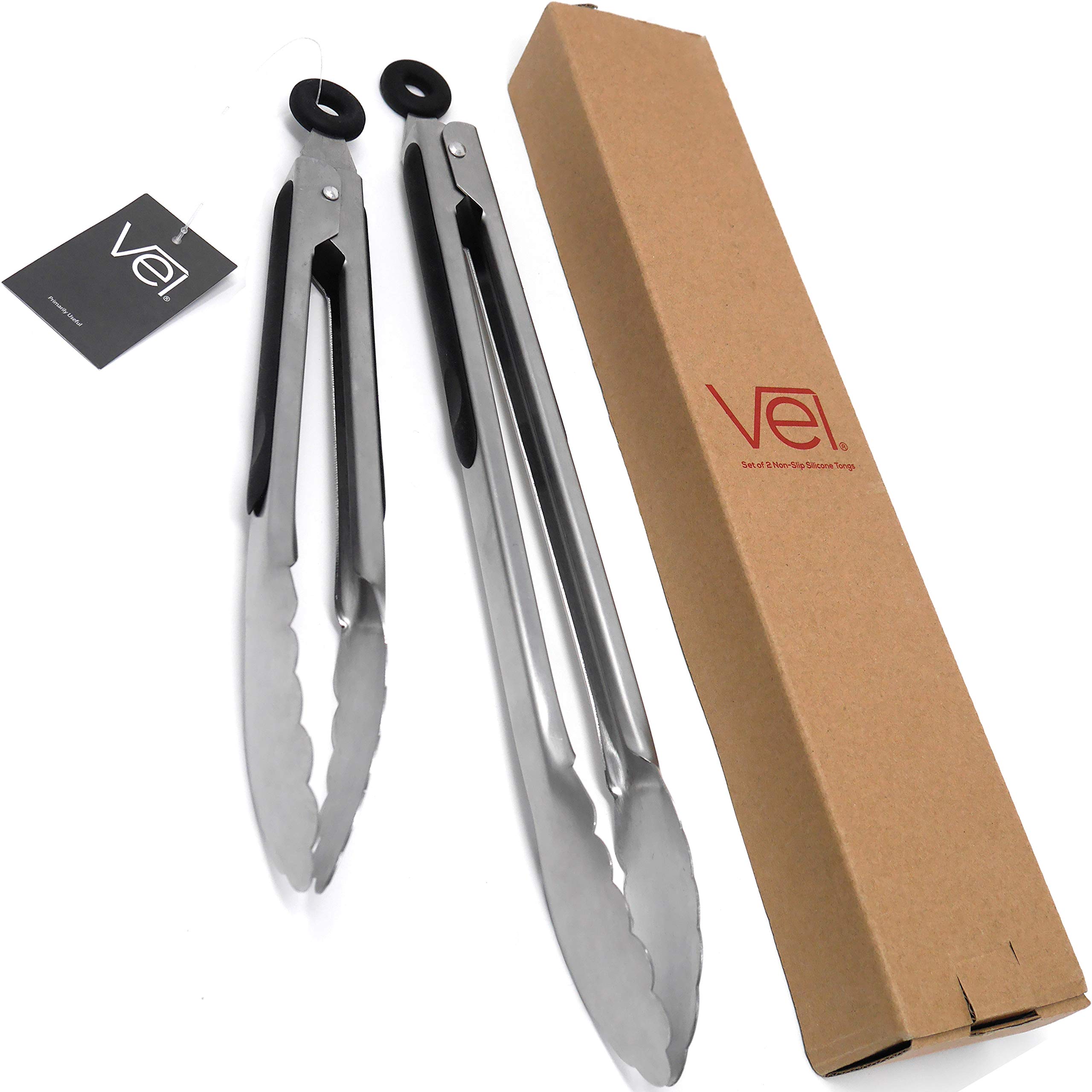 Vel. Premium Kitchen Tongs Set Non-Slip - Pack of 2 - for Cooking, Serving, Barbecue, Buffet, Salad, Ice - Ergonomic Design
