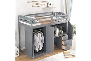 BOVZA Twin Size Loft Bed with Wardrobe and Staircase, Wooden Twin Loft Bed with Desk and 3 Drawers and Cabinet in 1, for Kids Teens Adults, Gray