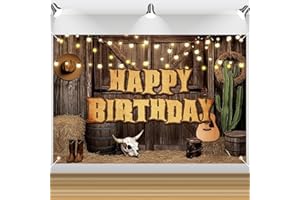 Western Cowboy Happy Birthday Backdrop, 5x3.2ft Wild West Birthday Decorations with Rustic Wood Barn & Cactus Design Western 