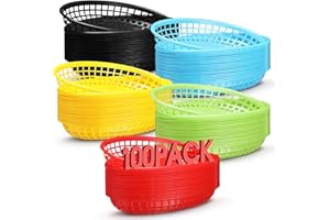 LemonRoad 100 Pack Fast Food Basket Bulk 8.6 x 5.5 Inch Restaurant Plastic Food Basket Multicolor Oval Service Tray Burger Chip Trays for Fries Hot Dog Sandwiches Snacks BBQ Picnic Birthday Party