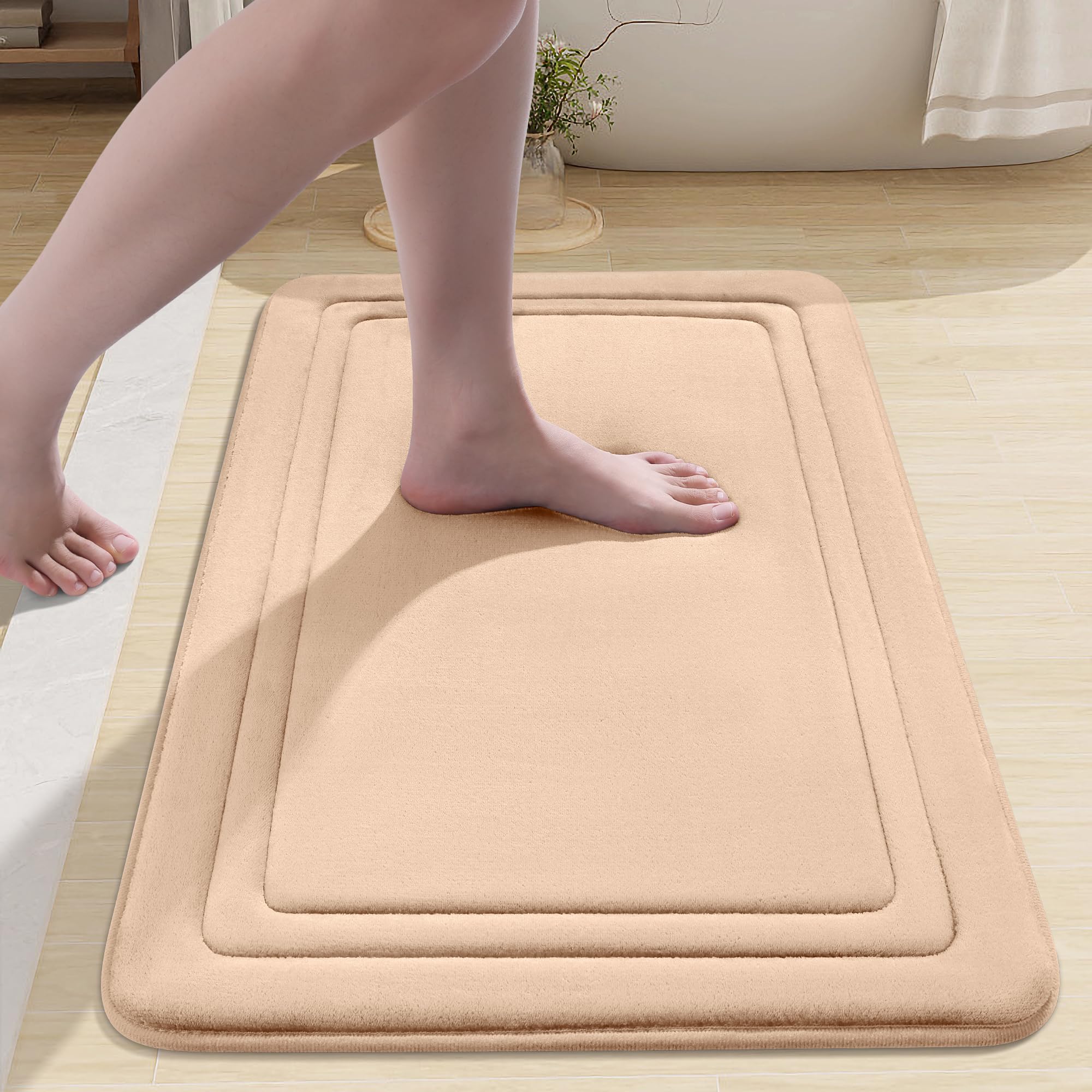 smiry Memory Foam Bath Mat - 40 x 60cm, Non-Slip, Super Absorbent, Comfortable - Machine-Washable Floor Rug, Beige