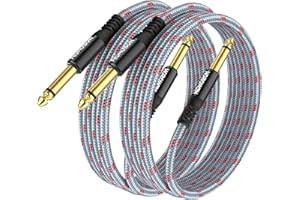 HOSONGIN Guitar Cable 2 Pack 20ft - 1/4 Inch Electric Instrument Cable Bass AMP Cord for Electric Guitar, Bass Guitar, Electric Mandolin, Pro Audio - Grey/Red Braided Tweed, 24K Gold Plated Plug