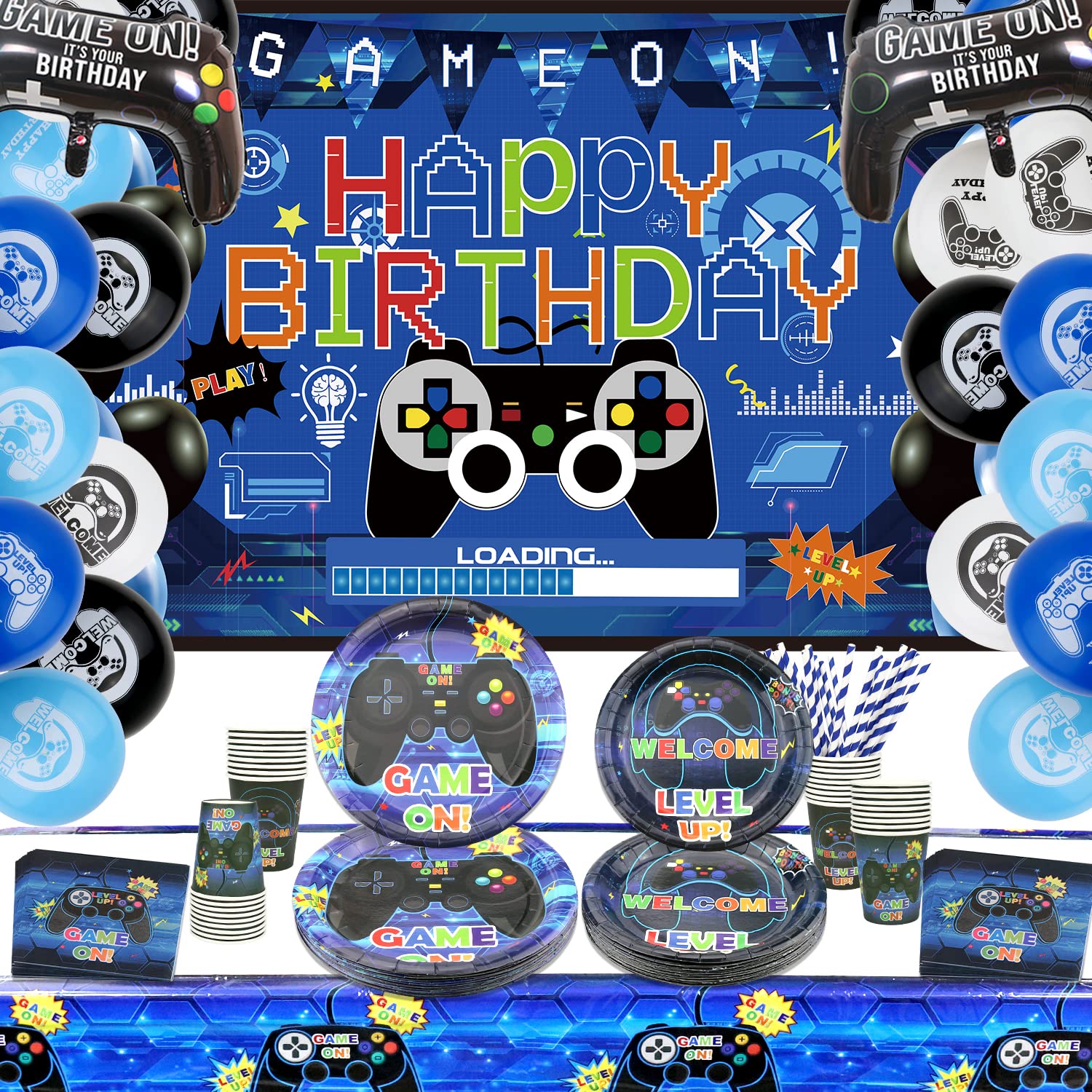 Video Game Party Supplies - IncludingHappy Birthday Gaming Backdrop,Plates,Tablecloth,Cups,Napkins,Balloons, for Boys Men Gamer Birthday Decorations Party - Serves 20(Blue)