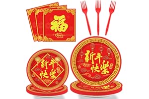 Wiooffen 96 Pcs Chinese New Year Party Plates Napkins Tableware Set Happy 2025 Snake Year Supplies Disposable Dinnerware Spring Festival Decoration Favors for Chinese New Year Eve, 24 Guests