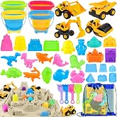 FHOZGECY Beach Toys with 4 Trucks, Collapsible Buckets for Kids Ages 3-12 | 4 Construction Vehicles, Sand Molds, Mesh Bags for Sandbox, Backyard, Summer Trips, Beach Games, Multi-Scene Outdoor Fun