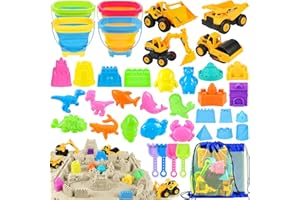 FHOZGECY Beach Toys, 40Pcs Sand Toys with 4 Beach Construction Vehicles, 4 Collapsible Beach Bucket, Sand Castle Building Kit, Sand Molds, Shovel Set, Mesh Bag, Summer Outdoor Toys for Kids Ages 4-8