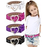 Newcotte 4 Pcs Girls Belt Kids Leather Waist Belt Rhinestone Heart Metal Buckle