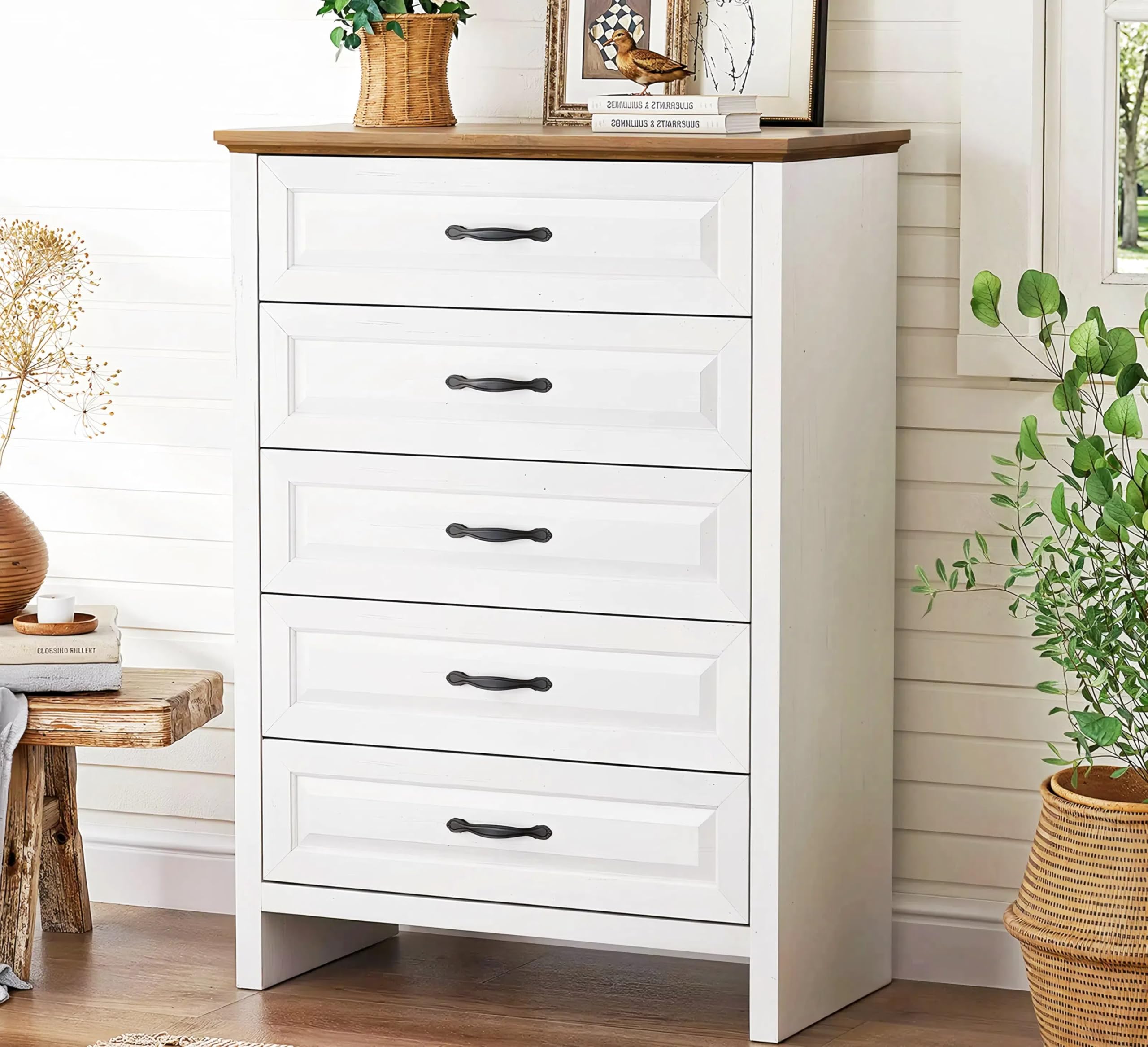 Photo 1 of Marsail 5 Drawer Dresser for Bedroom, Modern Farmhouse Wood Wide Chest of Drawers, Storage Dressers Organizer with Anti-Slip Kit for Living Room, Bedroom & Hallway, Wood White