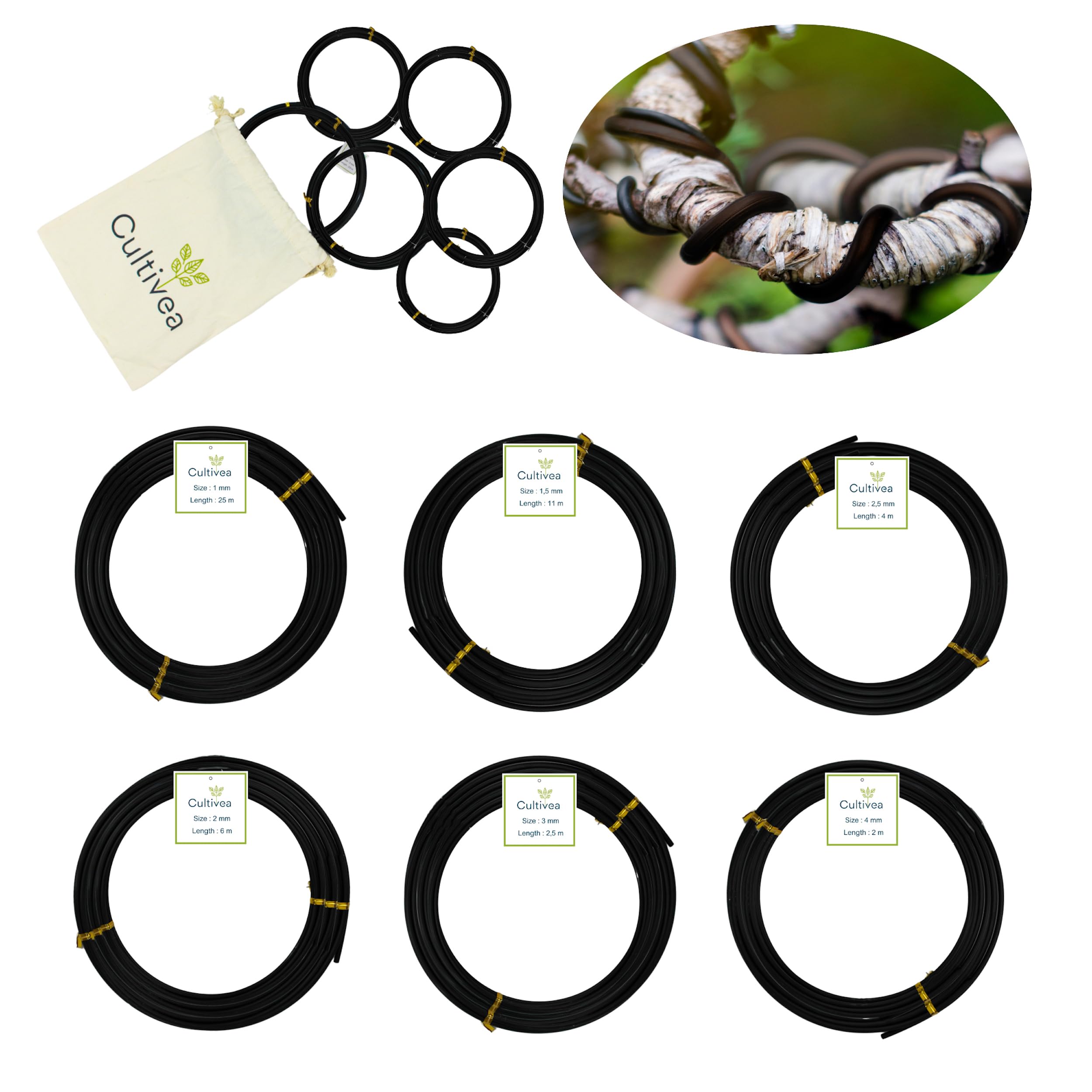 CULTIVEA® Bonsai Wire, Set of 6 aluminium wire rolls - 1,0mm/1,5mm/2,0mm/2,5mm/3,0mm/4,0mm - Anti-corrosion bonsai binding, indoor gardening tools - bonsai, plant, tree