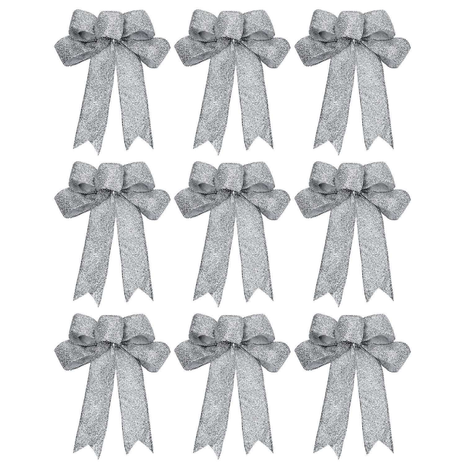 WILLBOND 9 Pieces Christmas Ribbon Bows Glitter Christmas Bow Christmas Wreath Bow for Christmas Party Decoration (Silver)