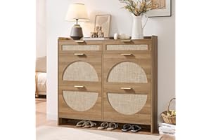WINWY Rattan Shoe Storage Cabinet with 4 Flip Drawers & 2 Drawers, Freestanding Organizer for Front Door Entrance, Hidden Narrow Shoe Rack Cabinet Storage for Entryway, Rustic Oak Rattan