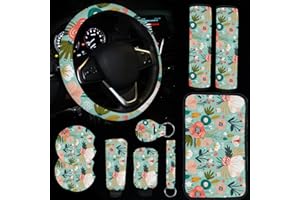 JINGSEN 10 Pieces Abstract Painting Art Printing Car Steering Wheel Cover Center Console Armrest Pad Headrest Seat Belt Cover Handbrake Cover Keychain Coaster Full Set Car SUV (Mint)
