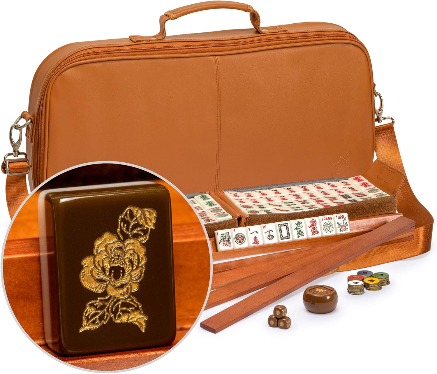 Yellow Mountain Imports American Mahjong Set, Peony with Soft Brown