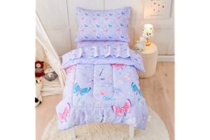 lasoftan Butterfly Toddler Bedding Set for Girls, 4 Piece Bed-in-a-Bag Toddler Comforter Sets, Super Soft Comforter Sheet Set and Comfortable Microfiber Toddler Bed Set