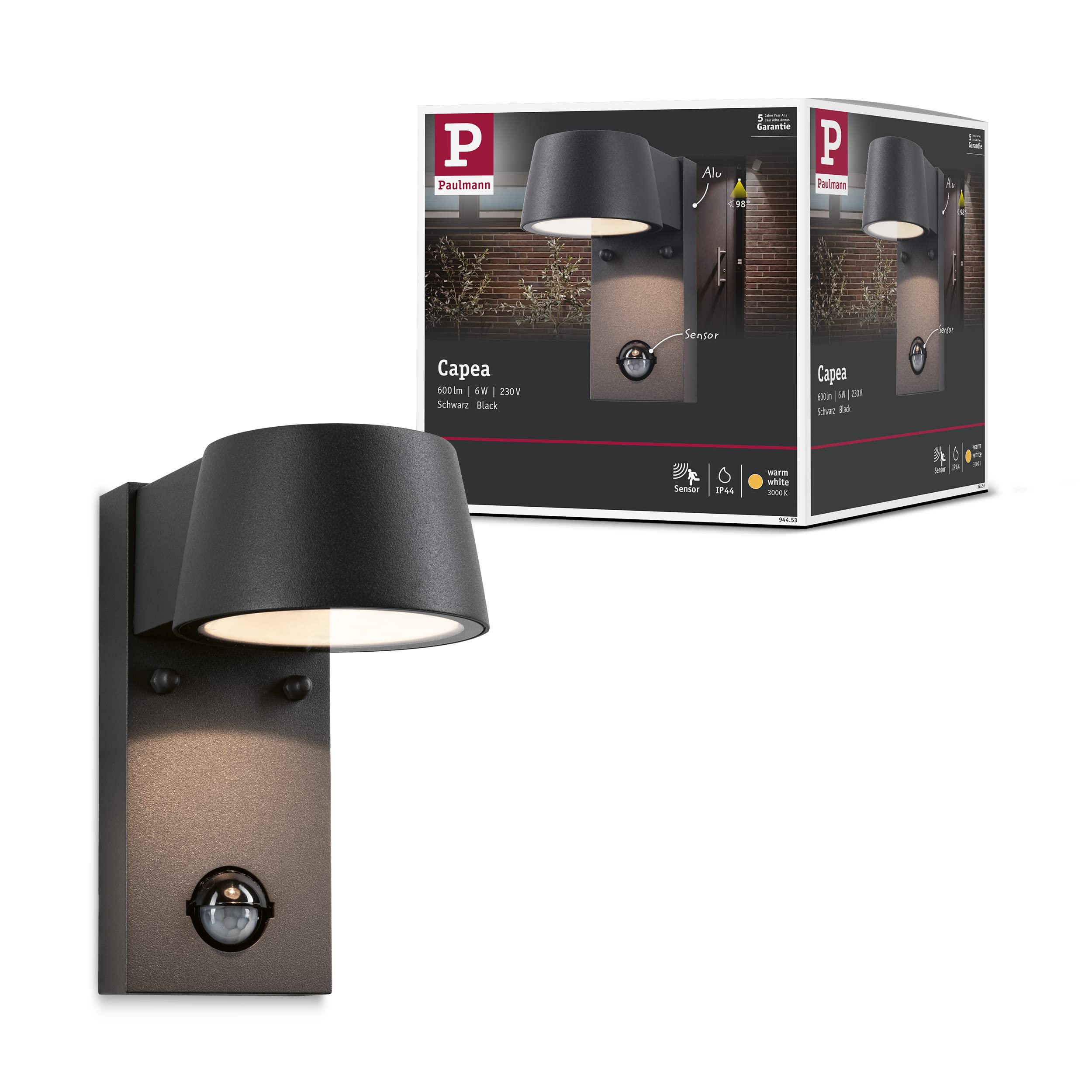 Paulmann 94453 Capea LED outdoor luminaire outdoor wall luminaire with motion sensor IP44 incl. 1x6W black outdoor lamp aluminium garden lamp 3000K
