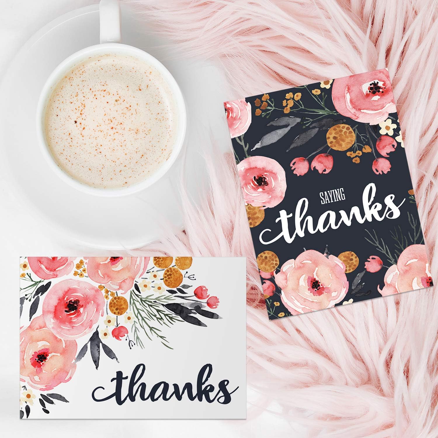 Watercolor Pink And Navy Floral Cards/Modern Thank You Cards With Envelopes / 24 Bright Floral Bouquet Cards With White Envelopes : Office Products